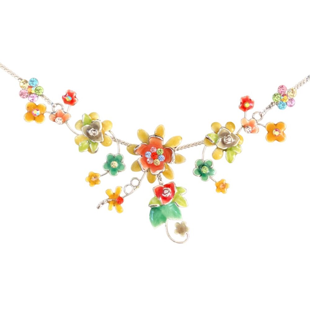Elegant Flower Necklace with Colored Gems, Ajustable 15 to 18 inches